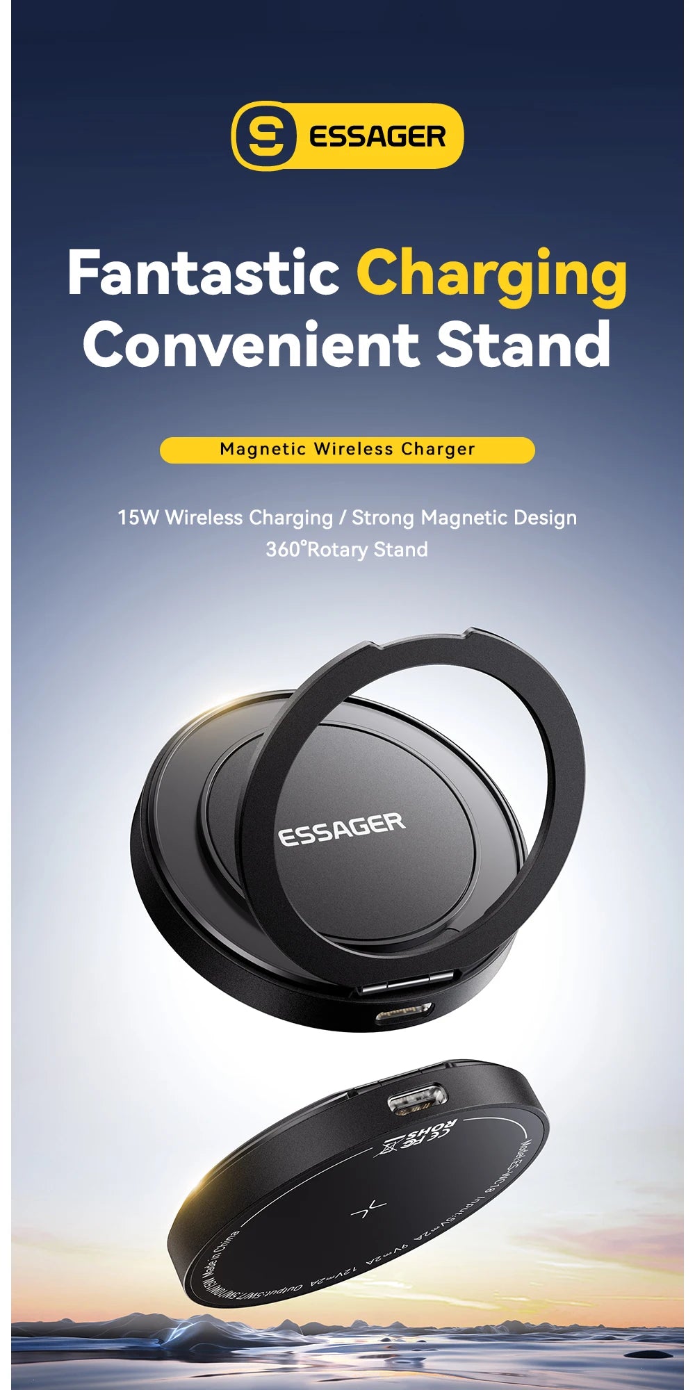 Essager Magnetic Wireless Charger With Holder 15W Fast Charging For iPhone17 16 15 14Pro Max Airpods Mini Wireless Phone Charger - Sun Studio