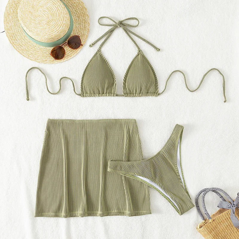 3 Pieces Ribbed Bikinis 2026 Halter Triangle Swimsuit & Skirt Swimwear Women Bathers Bathing Swimming Swim Suit Female Beachwear - Sun Studio