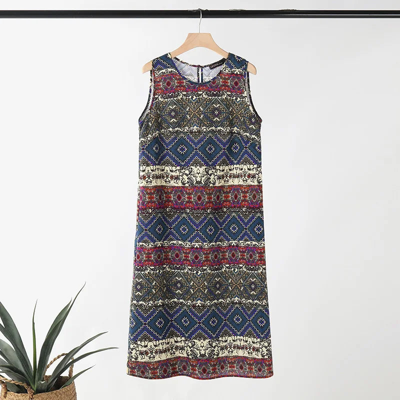 Women Bohemain Sleeveless Sundress ZANZEA Summer Printed Dress Vintage Beach Holiday Vestidos Casual O Neck Baggy Midi Dresses - Sun Studio