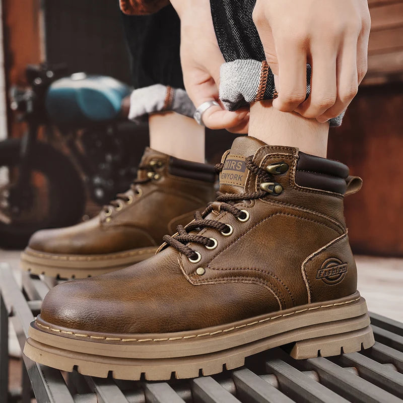 High Quality Leather Mens Boots New Arrival Male High Top Flats Comfortable Lace-Up Low Top Sneakers Stylish Male Ankle Boots - Sun Studio