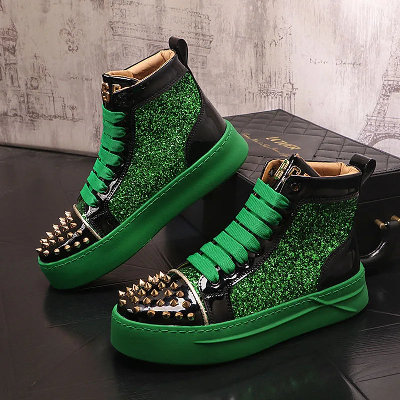 Winter High Tops For Men Rivet Sequin Everyday All Match Patent Leather Casual Shoes Male Flats Loafers Sports Walking Sneakers - Sun Studio