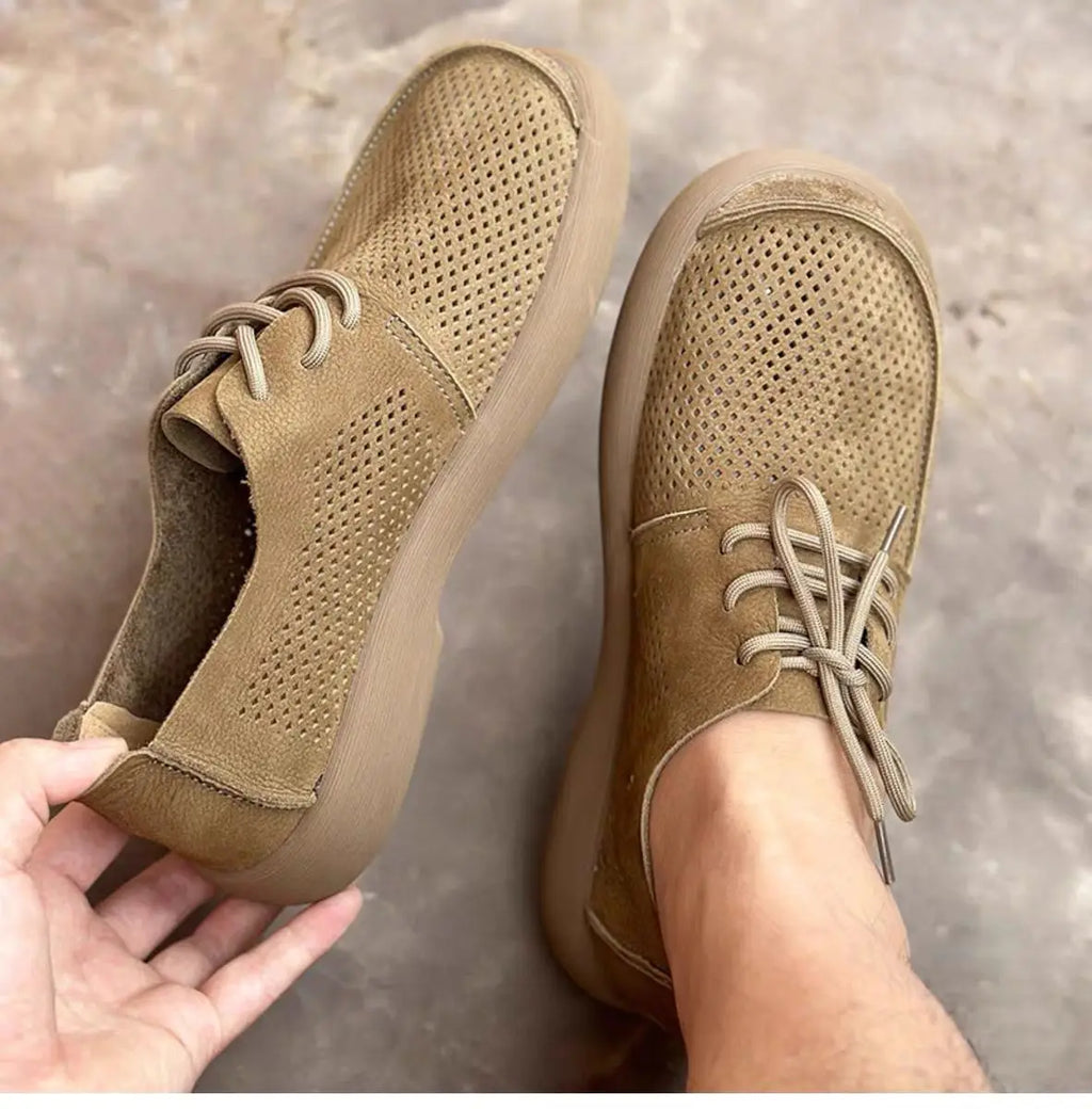 Wide toe hollow natural leather shoes men's 2025 summer new cowhide punched breathable soft leather soft sole singlecasual shoes - Sun Studio