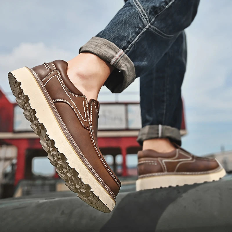 Trendy New Style Men's Genuine Leather Shoes Thick Soled Tooling Shoes Men's Oxford Shoes Lace Up Business Shoes Outdoor Loafers - Sun Studio