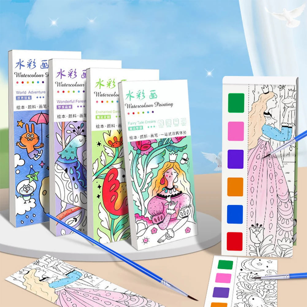 12 Sheets/set Watercolor Painting Book With Paint Brush Gouache Book Portable Kids Graffiti Picture Drawing Stationery - Sun Studio