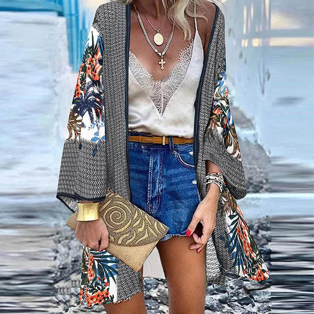 WeHello 2023 Summer Bohemian Casual Cloak Cardigan for Swimsuit woman Beach Swimwear Tops Long Sleeved Shawl Chiffon Shirt - Sun Studio