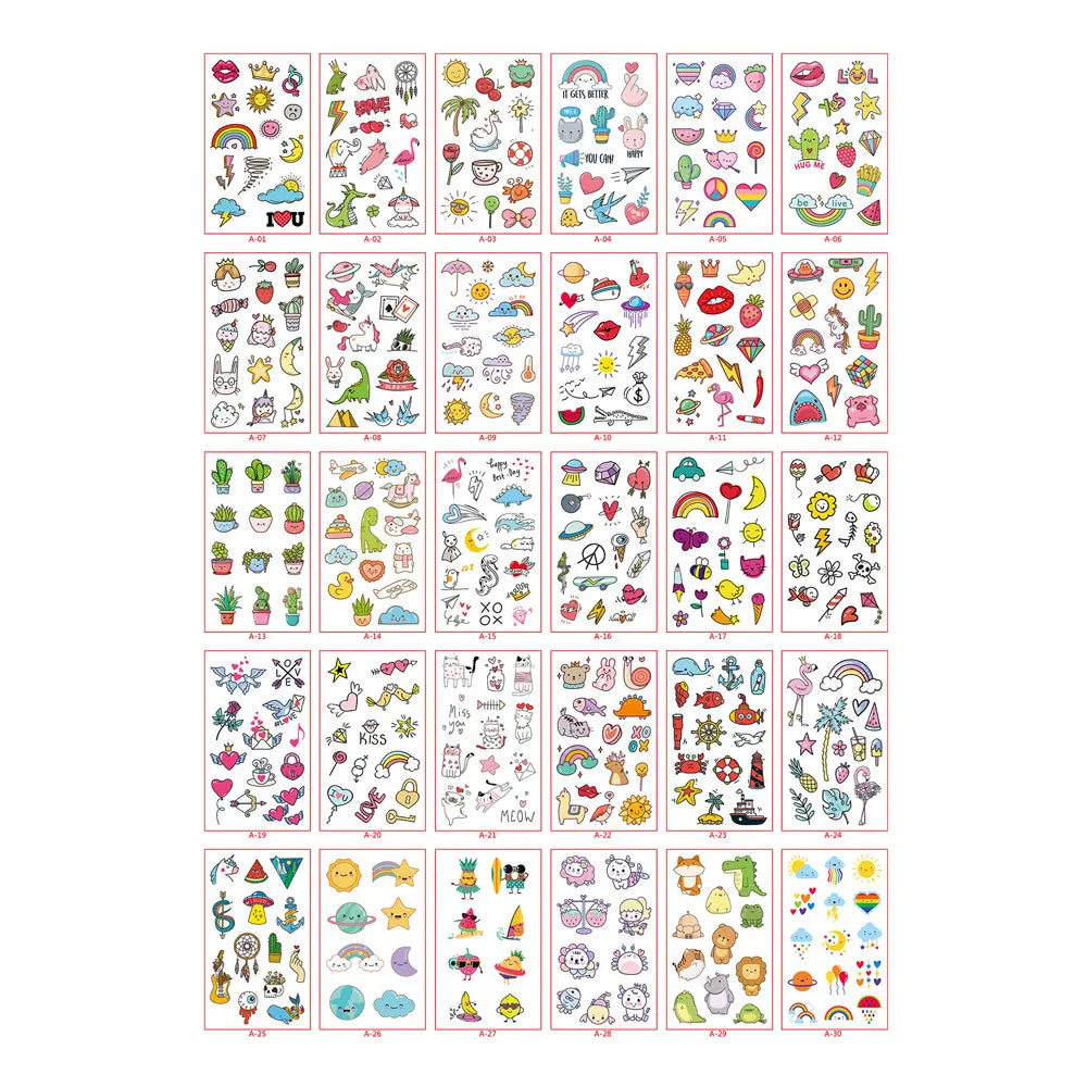 30 Sheets Cute Cartoon Temporary Tattoos for Hands Waterproof Tattoo Stickers Rainbow Fruit Moon Fake Finger Tattoo - Sun Studio