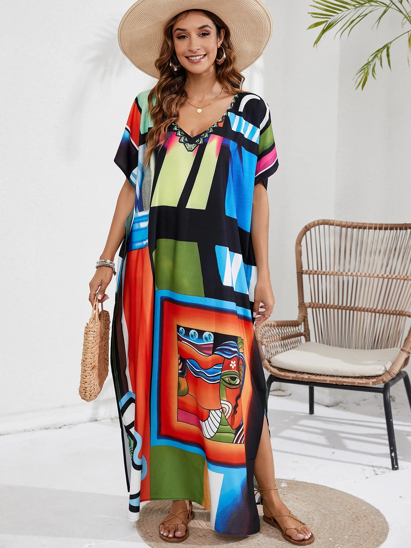 Kaftan Dresses for Women Plus Size Tie Dye Batwing Sleeve Caftans Swimsuit Coverup Maxi Dress Loungewear - Sun Studio