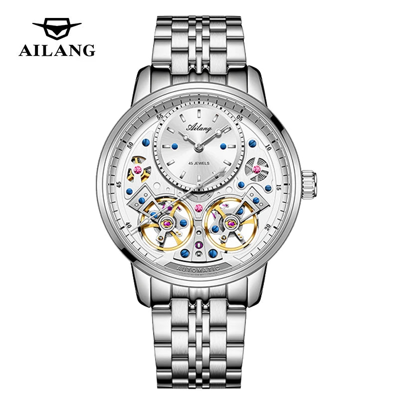 AILANG Brand New Luxury Double Tourbillon Watch for Men Stainless Steel Strap Waterproof Fashion Mechanical Watches Mens - Sun Studio