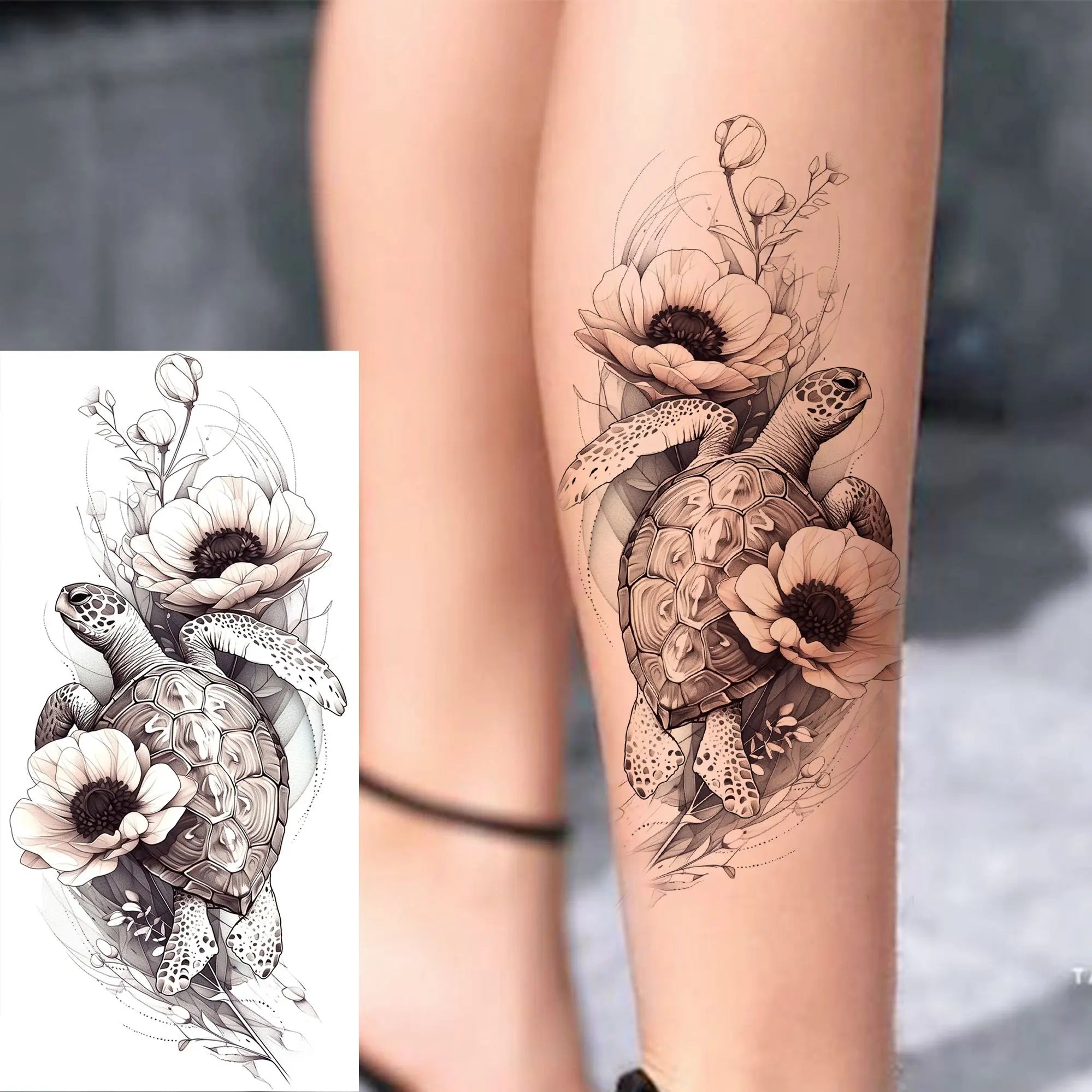 1 Sheet Beautiful Turtle With Flowers Temporary Tattoos Elephant Lion Tatoos Waterproof Realistic Animals Fake Tattoos Stickers - Sun Studio
