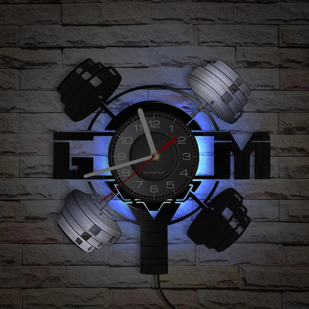 Fitness Equipment Thema Vinyl Schallplatte Fitness Wanduhr Heimdekoration LED Hintergrundbeleuchtung Moderne Fitness Uhr