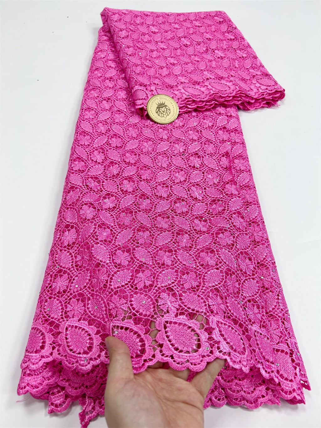 2024 Peach African Guipure Cord Lace Fabric with Stones Chemical Lace Fabric Water Soluble Lace For Women Evening Party Dresses - Sun Studio