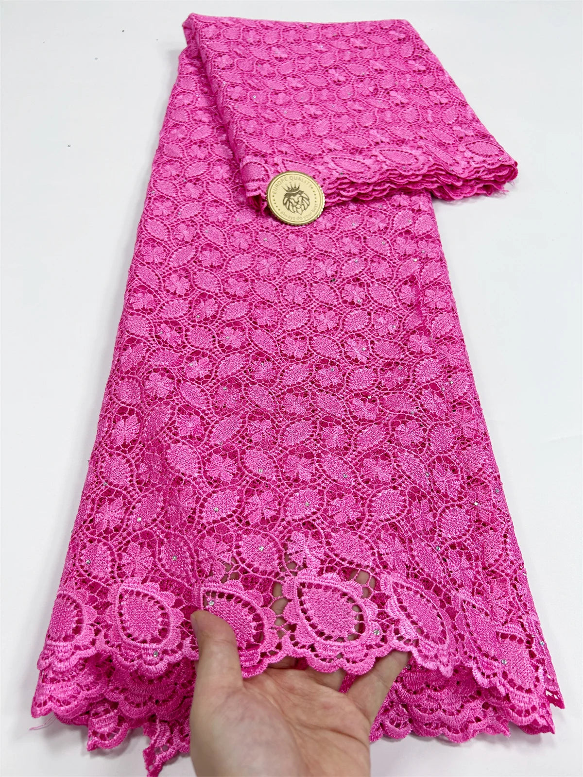 2024 Peach African Guipure Cord Lace Fabric with Stones Chemical Lace Fabric Water Soluble Lace For Women Evening Party Dresses - Sun Studio