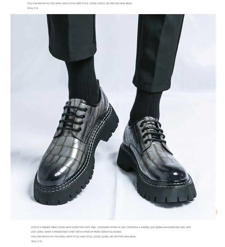 New Black Men Shoes Lace-up  Round Toe Stone Pattern Brown Gray Men Dress Shoes Size 38-46 - Sun Studio