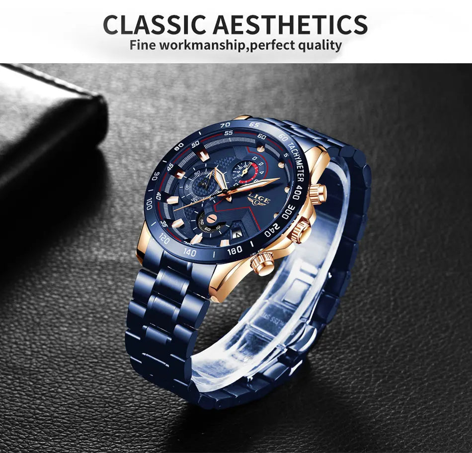 LIGE Business Men Watch Luxury Brand Stainless Steel Wrist Watch Chronograph Army Military Quartz Watches Relogio Masculino+BOX - Sun Studio