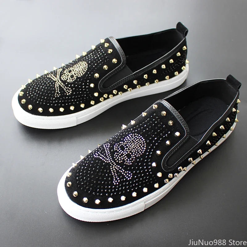 2025 New Shoes for Men Tide Leather Casual Shoes Spring Autumn Cool Skull Rivet Flat Shoes Leisure Slip-on Loafers - Sun Studio
