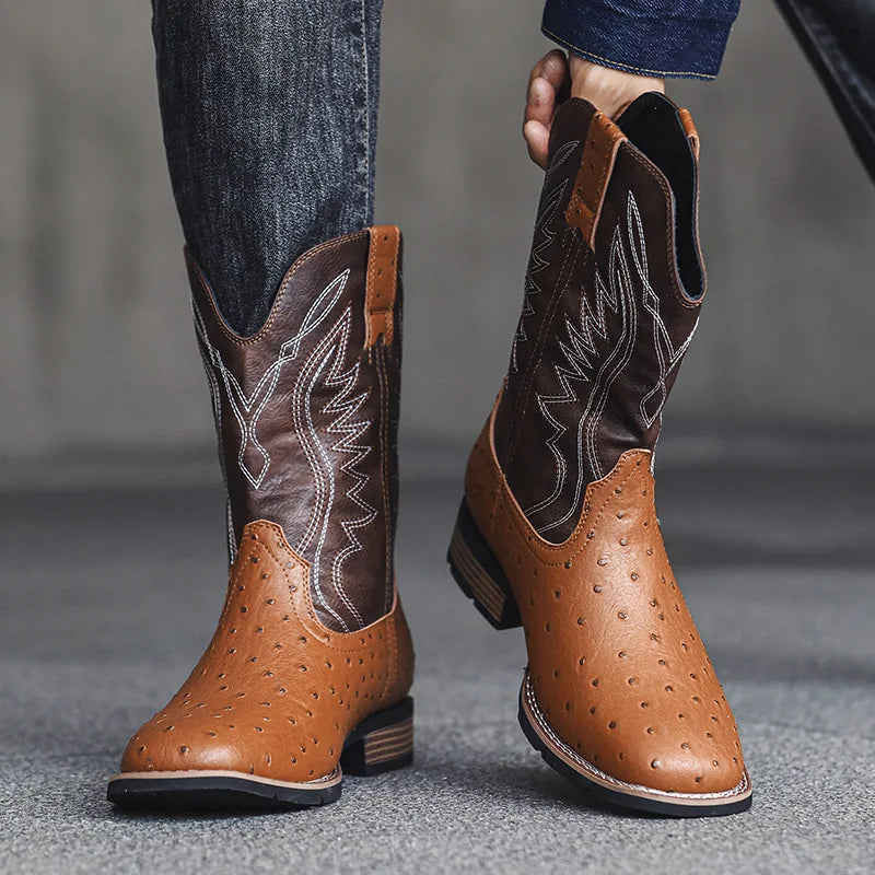 Men's Classic Retro Western Cowboy Boots Embossed Leather Mens Fashion Embroidery Mid-Calf Boot High top Casual Shoes for Men - Sun Studio