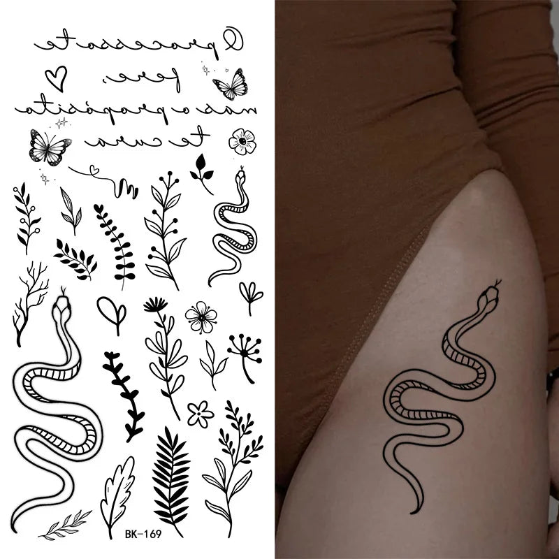 Schwarz Weiß Temporäre Transfer Tattoos Florale Schmetterlinge Schriftzüge Linienkunst Wasserfeste Körperaufkleber für Musikfestival Party