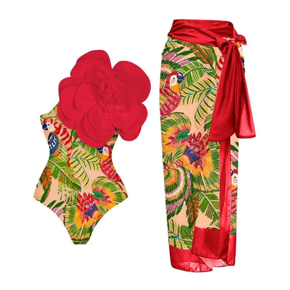 2024 Sexy Women's Swimsuit with Skirt One-Piece Swimwear Vintage Ruffle V Neck Cover Up Bikinis Set Beachwear Bathing Suit - Sun Studio