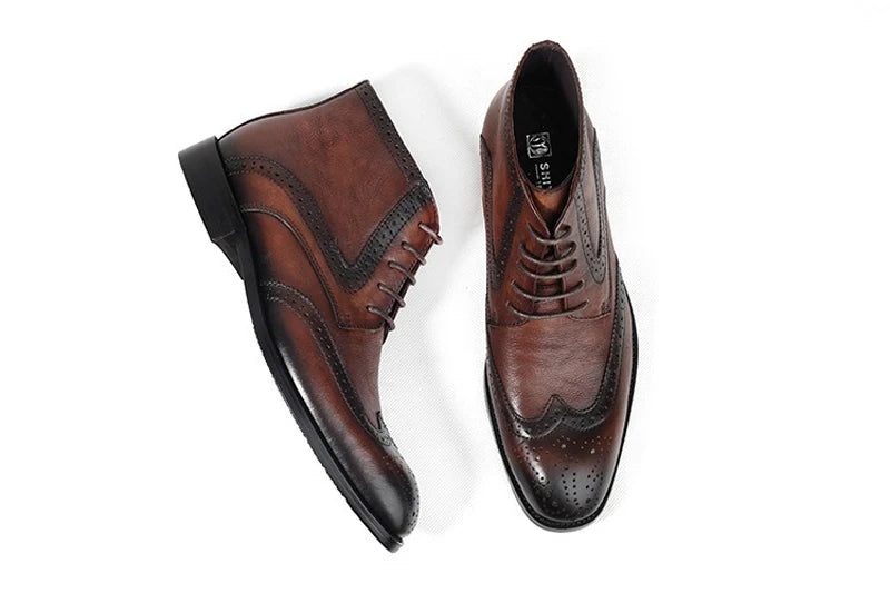 British Brock Carved Leather Boots Retro Business Formal Leather Shoes Fashion Men's Boots Cowhide Men's Short Boots - Sun Studio
