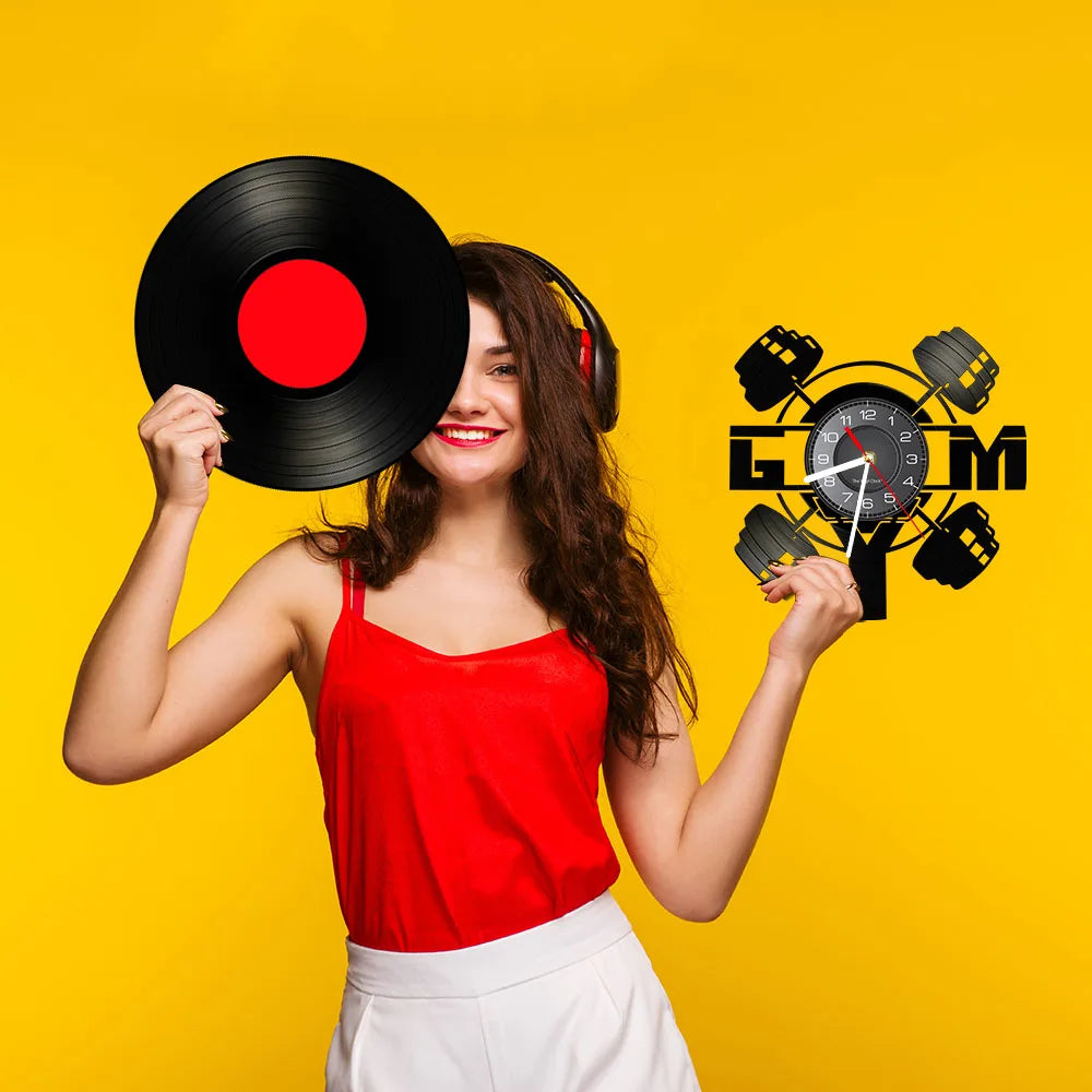 Fitness Equipment Thema Vinyl Schallplatte Fitness Wanduhr Heimdekoration LED Hintergrundbeleuchtung Moderne Fitness Uhr