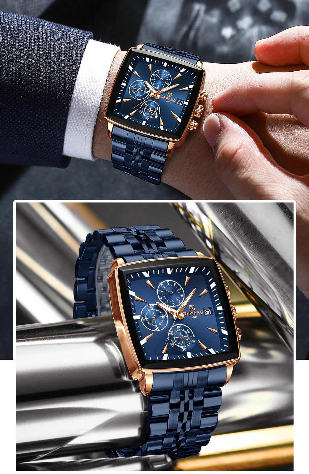 REWARD Fashion Square Dial Watch for Men Stainless Steel Waterproof Quartz Chronograph Mens Watches Luxury Sport Male Clock - Sun Studio