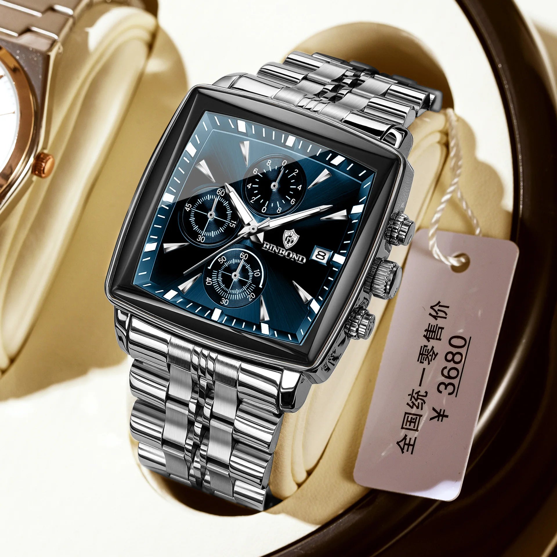 Square Men Chronograph Multifunction Watches Date For Male Clock Quartz Stainless Steel Band Wrist Watches Men Trendy Fashion - Sun Studio