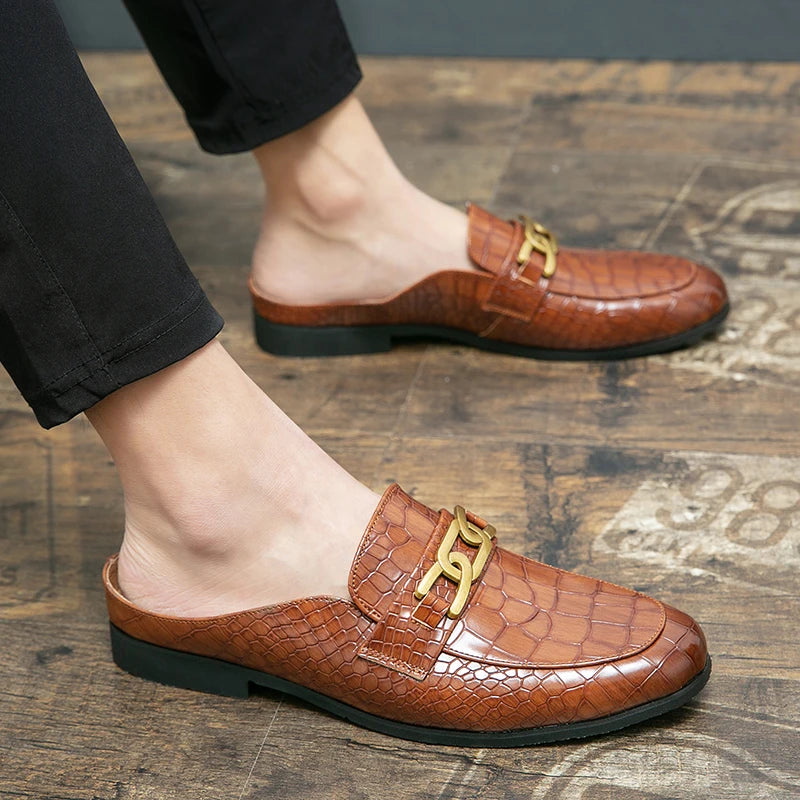100% Genuine Leather Black Men’s Half Shoes For Men Shoes Mules Casual Designer Shoes Fashion Loafers Luxury Black Slippers 2022 - Sun Studio