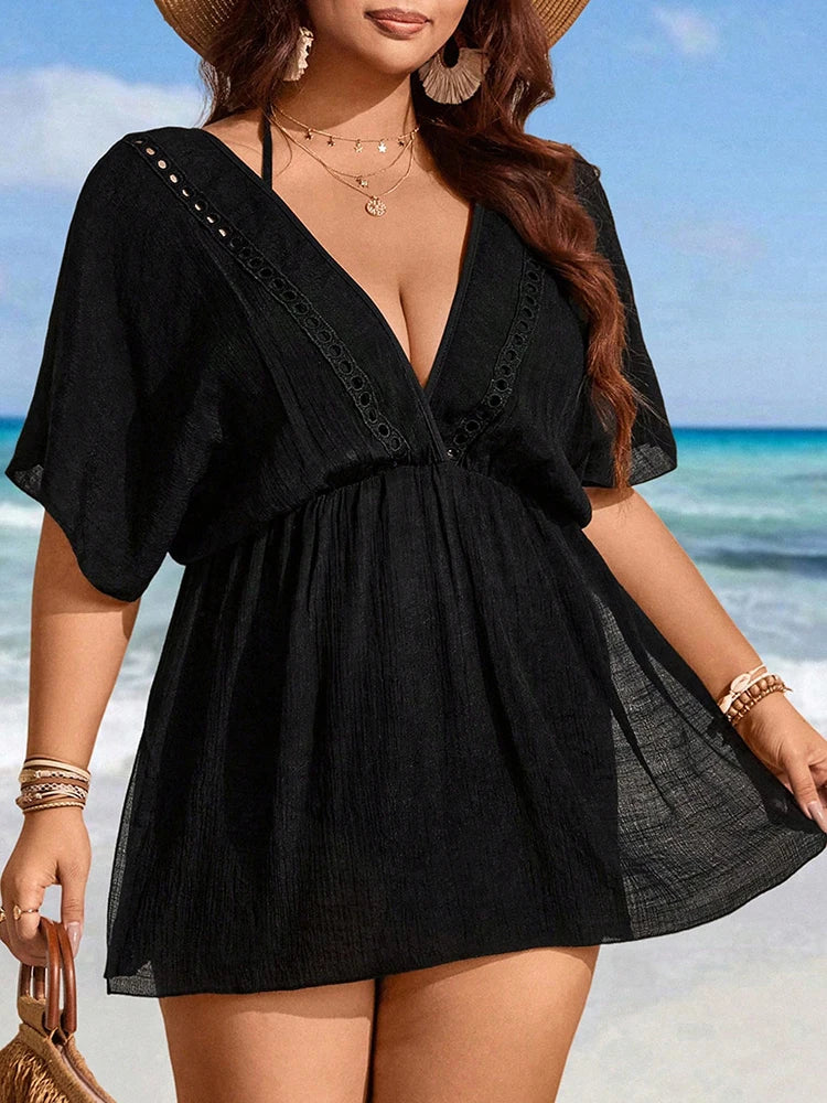 Summer Women Plus Size Bikini Cover Ups Sexy Ladies Chiffon Swimwear Swimsuit Beach Black Sleeve Cover-Up Mini Dress Beachwear - Sun Studio