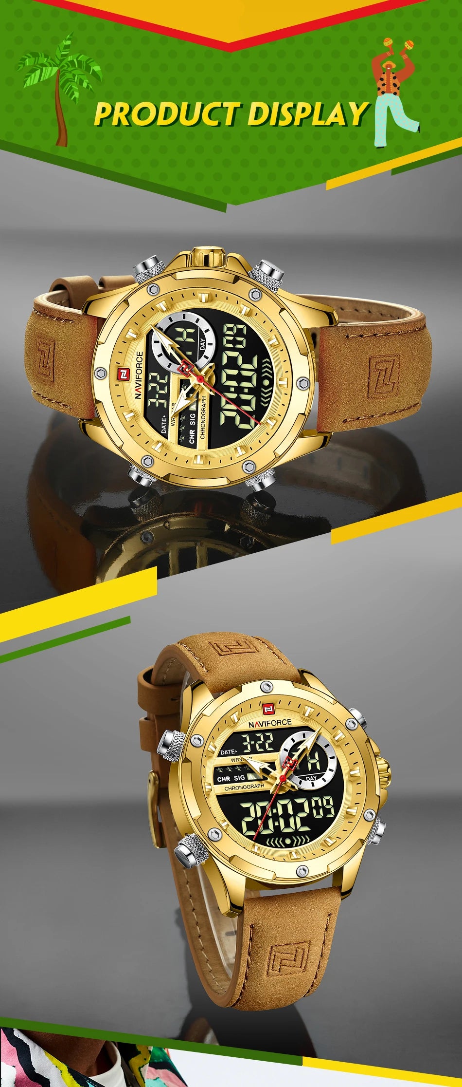 NAVIFORCE Luxury Original Watches For Men Casual Sport Chronograph Alarm Quartz WristWatch Leather Waterproof Digital Clock 9163 - Sun Studio