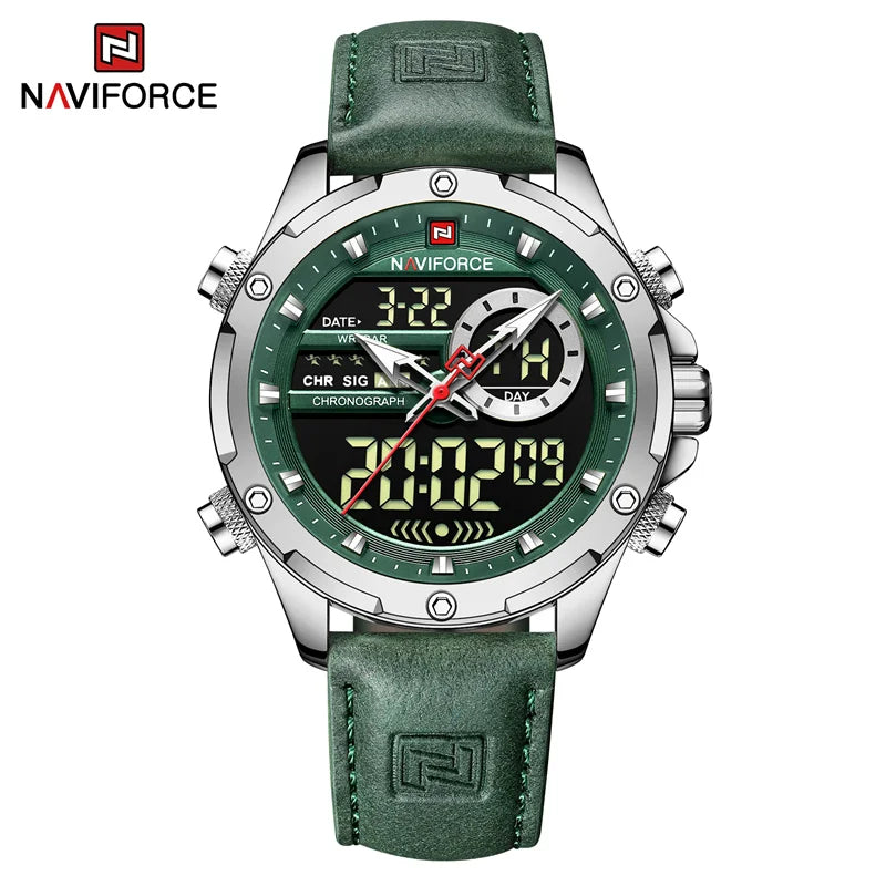 NAVIFORCE Luxus Original Uhren für Herren Freizeit Sport Chronograph Alarm Quarz Armbanduhr Leder Wasserdicht Digitale Uhr 9163
