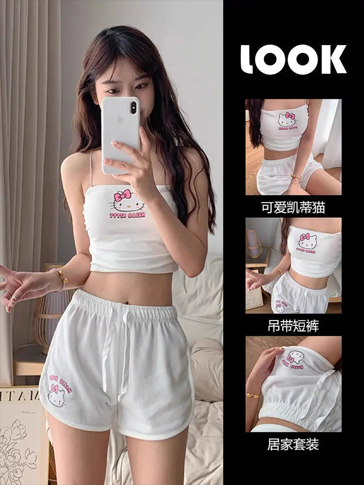 Kawaii Hello Kitty Cartoon Beach Swimsuit Sanrio Women Vest Shorts Suit Pajamas Homewear Casual Underwear Home Clothes Girl Gift - Sun Studio