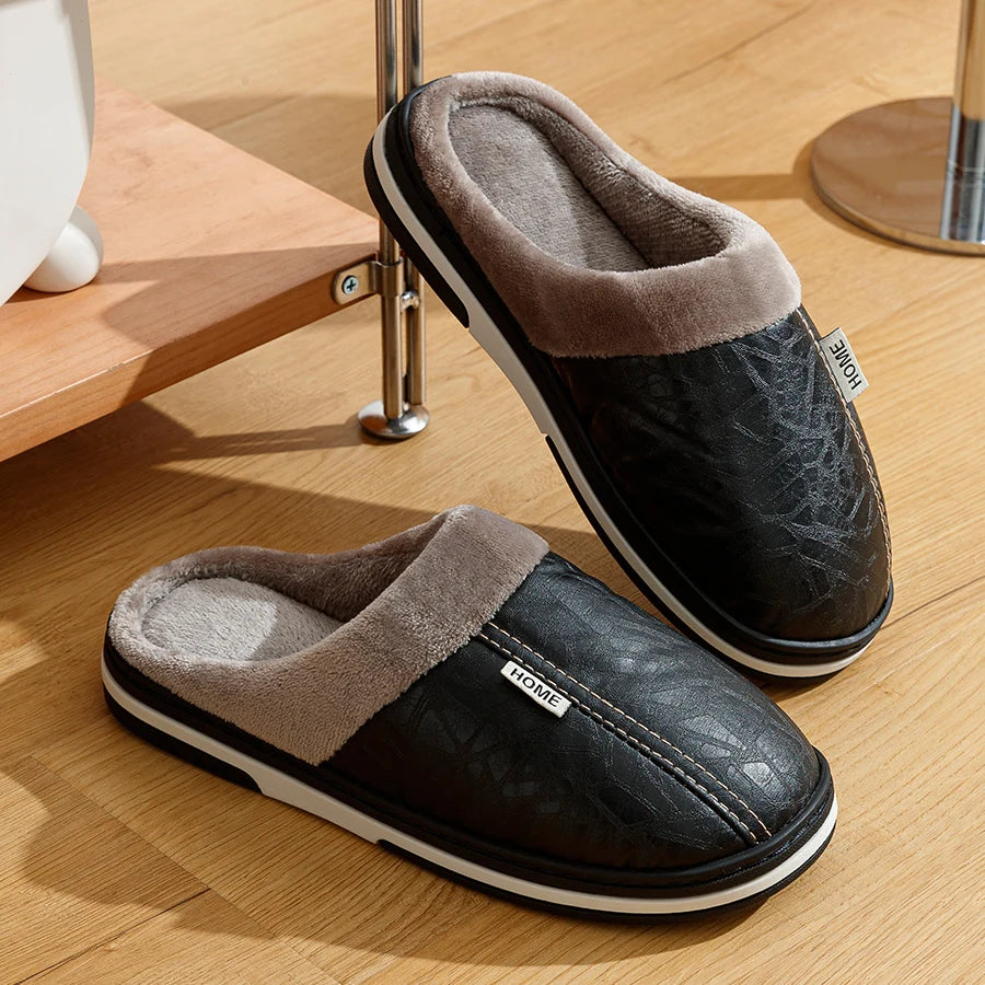 PU Leather Big Sizes Men slippers Indoor Waterproof Fur Flat Men's Winter Home Slipper Cotton Bedroom Houseshoes - Sun Studio