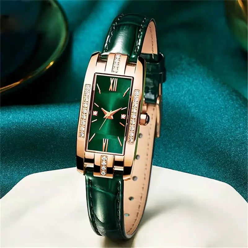 Womens Watches Fashion Square Ladies Quartz Watch Bracelet Set Green Dial Simple Leather Luxury Women Watches - Sun Studio