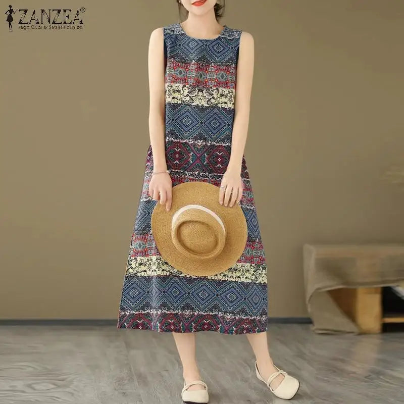 Women Bohemain Sleeveless Sundress ZANZEA Summer Printed Dress Vintage Beach Holiday Vestidos Casual O Neck Baggy Midi Dresses - Sun Studio