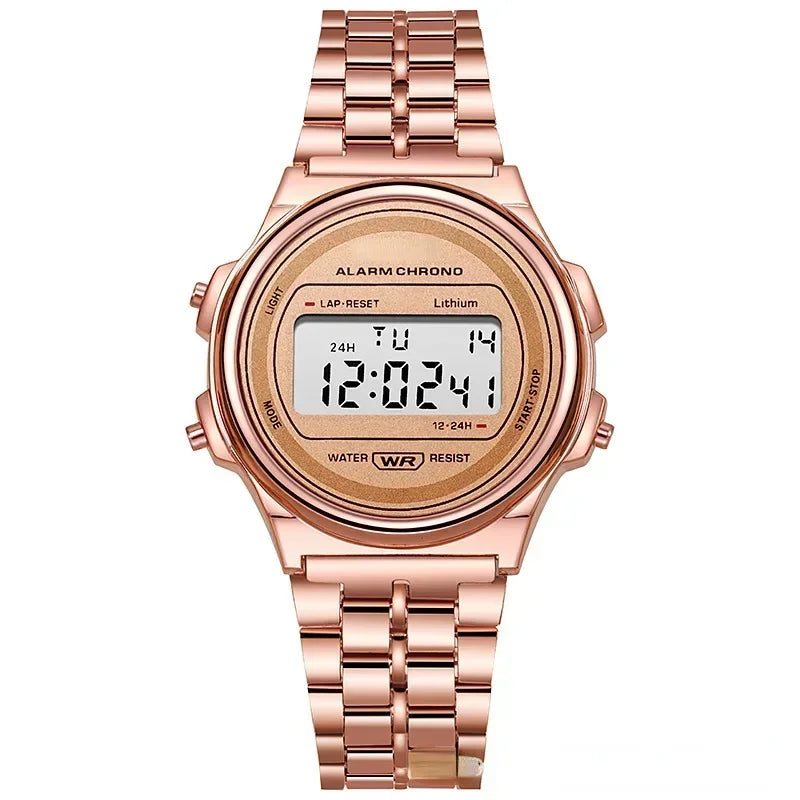 Women Casual LED Electronic Watch Man Retro Stainless Steel Watches for Women Unisex LED Digital Watch Multifunction Wristwatch - Sun Studio