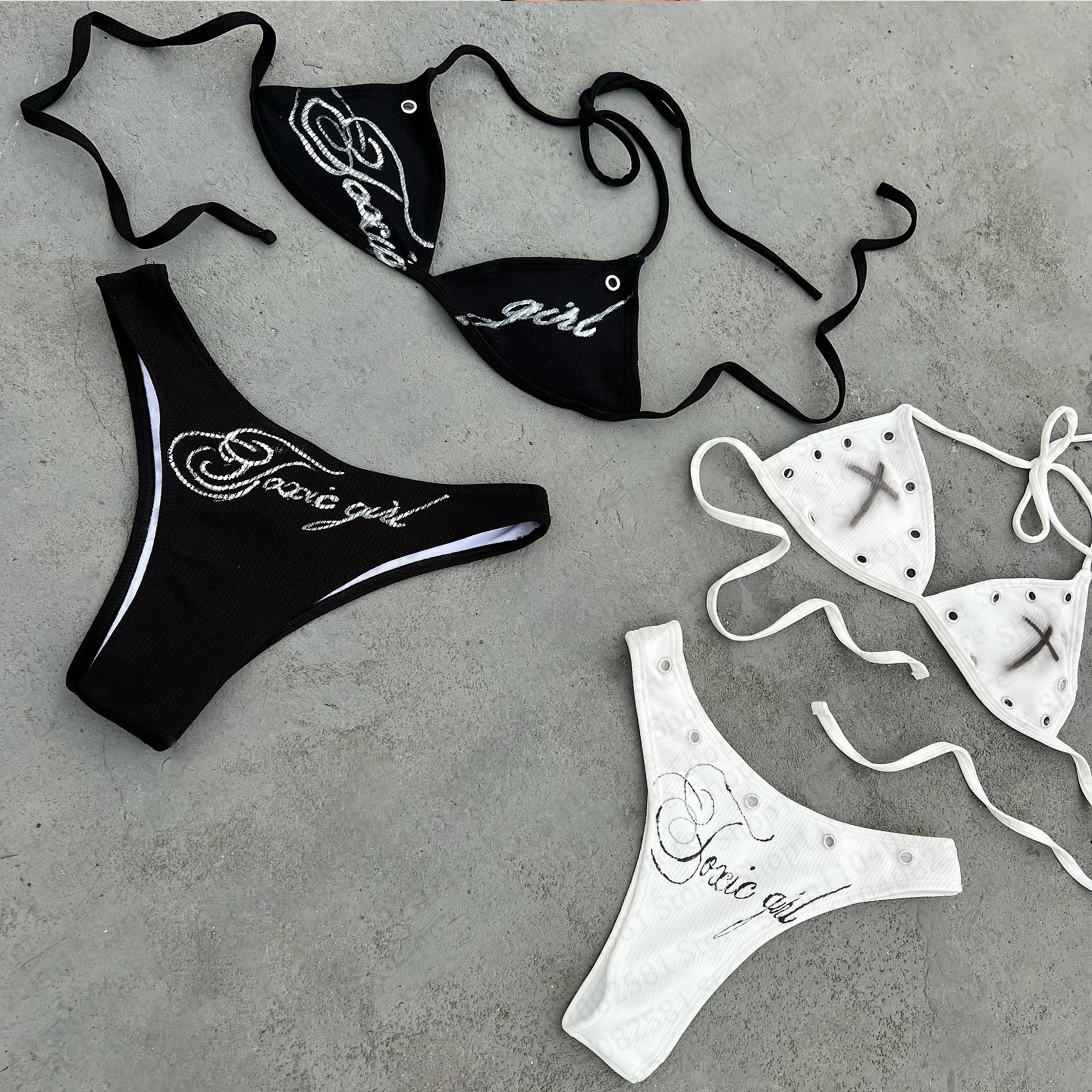 Fashionable letter printed sexy bikini set women's swimsuit patch swimsuit hot pants set summer casual niche fashion Y2k style - Sun Studio