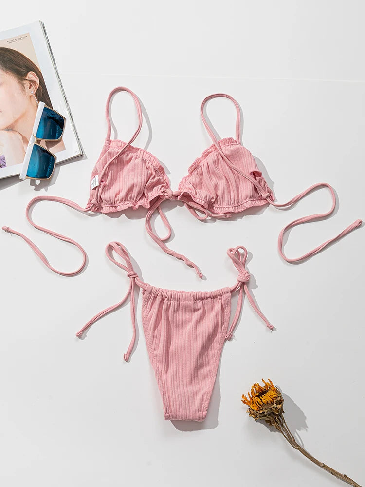 New 2025 Sexy Swimsuit Pit stripe Bikini Women Swimwear  Bathing Suits Push Up Biquinis Bandage Beachwear Solid Bikini Sets - Sun Studio