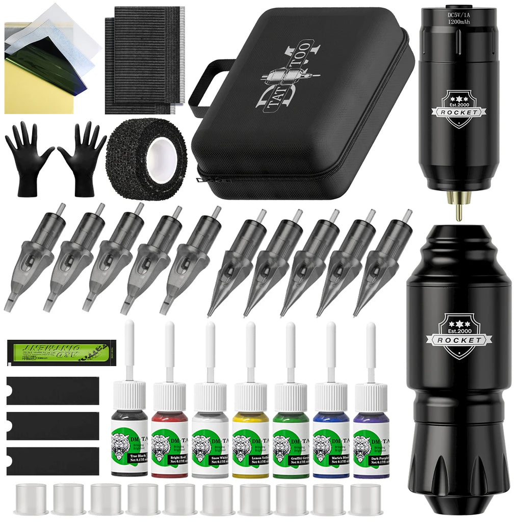 1set, DM Wireless Tattoo Kit ,Complete Mini Rocket Machine Battery Cartridge Needles Power Supply Inks Rotary Tattoo Pen Set - Sun Studio