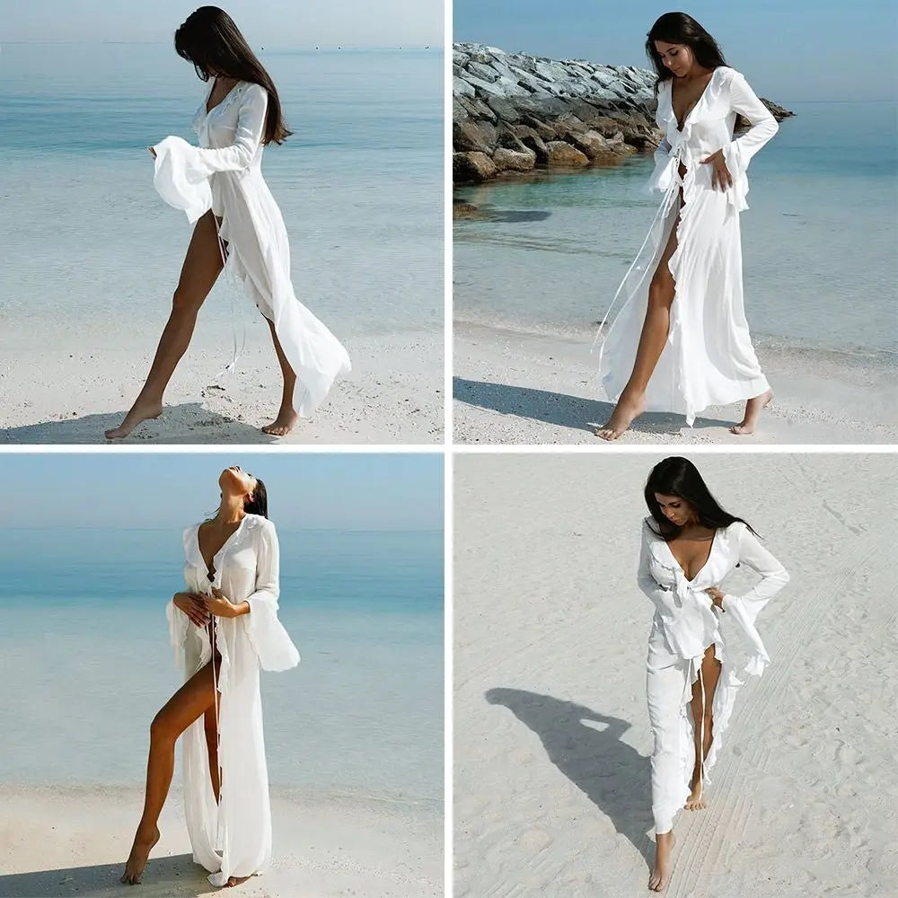 V Neck Summer Beach Cover Up Long Sleeve Ruffled Bikini Sunscreen Smock Vacation Casual Swimsuit Cover Up Dress for Women - Sun Studio