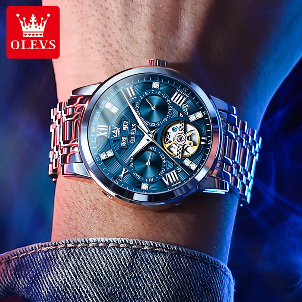 OLEVS 6701 Top Original Automatic Watch for Men Stainless Steel Hollow Skeleton Mechanical Watch Waterproof Business Wristwatch - Sun Studio
