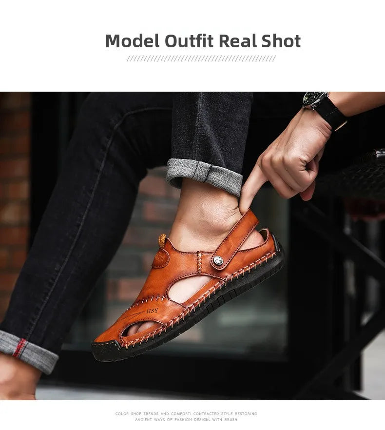 Large Size Men's Sandals Casual Leather Beach Shoes Breathable Slip-On Durable Stitched Construction Comfortable Walking Sandals - Sun Studio