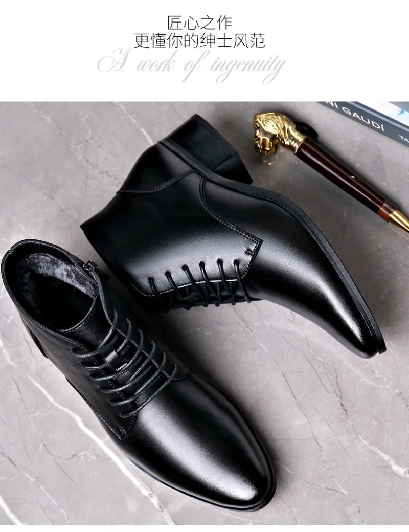 Men's Boots Fashion High-top Casual Boot Pointed Tip Business Leather Boots for Men Plush Warm Winter Boots Lace Up Ankle Botas - Sun Studio