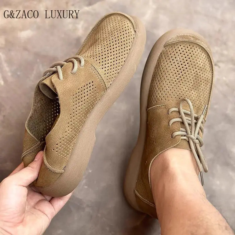 Wide toe hollow natural leather shoes men's 2025 summer new cowhide punched breathable soft leather soft sole singlecasual shoes - Sun Studio