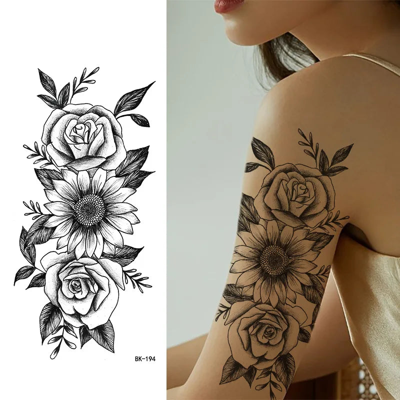 Schwarz Weiß Temporäre Transfer Tattoos Florale Schmetterlinge Schriftzüge Linienkunst Wasserfeste Körperaufkleber für Musikfestival Party