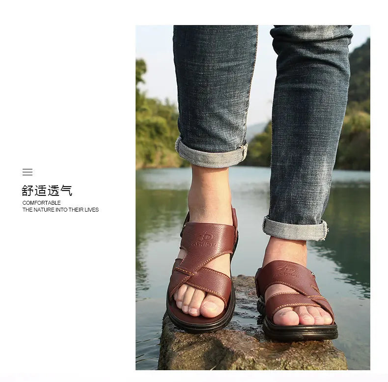 Big Size 49 50 Men's Sandals Summer Leather Shoes Man Slippers Non-slip Bottom Casual Business Beach Shoes for Men 2025 Summer - Sun Studio