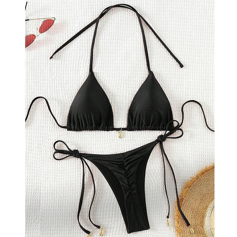 2 Pcs/Set Bikini Set Sexy Bikinis 2025 Bathing Suit Solid Color Halter Neck Strap Thong Women Swimsuit Set for Beach Swimwear - Sun Studio