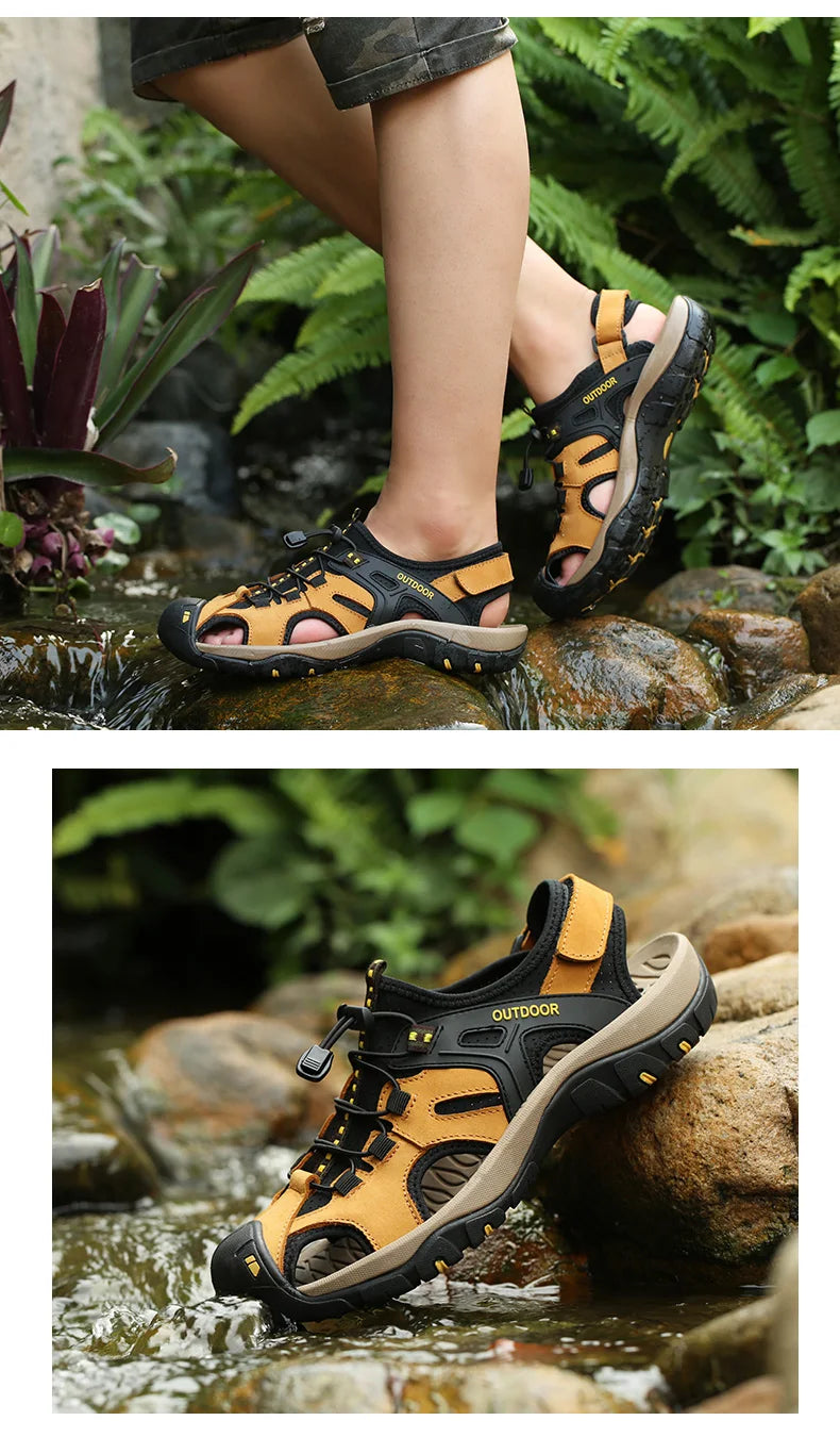 Men's Sandals Top Cowhide Upper Hollow Out Round Toe Outdoor Beach Walking Non Slip Durable Summer Beach Shoes Adjustable Buckle - Sun Studio
