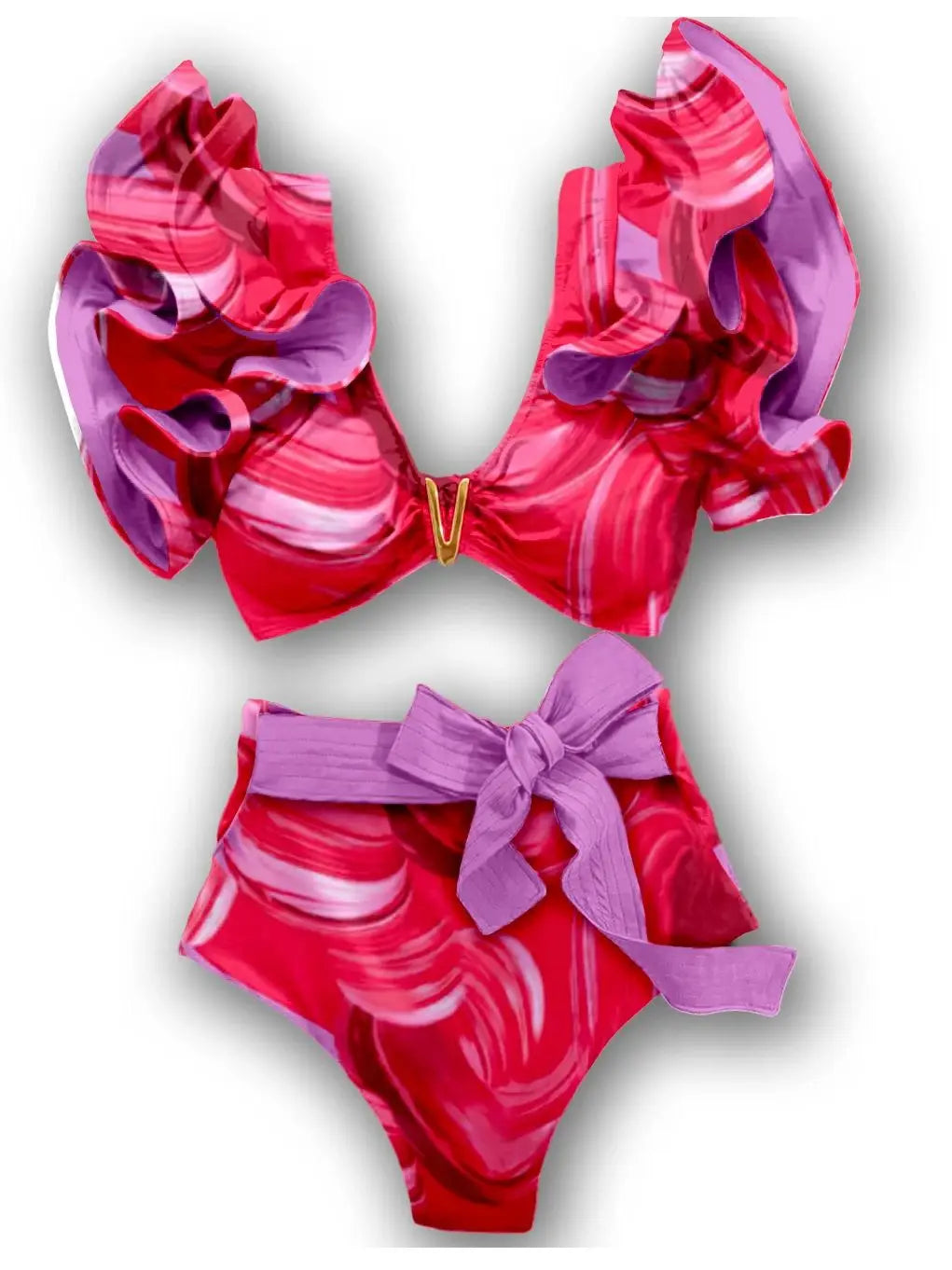 Floral Ruffled Hem Bikini Set Women Flora V-Neck High-Waisted Two Piece Swimsuit 2025 Girl Beach Bathing Suit Swimwear Biquinis - Sun Studio