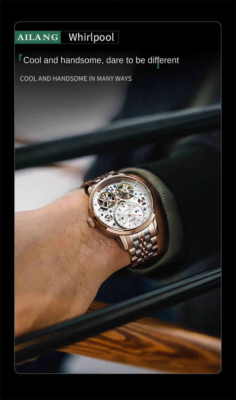 AILANG Brand New Luxury Double Tourbillon Watch for Men Stainless Steel Strap Waterproof Fashion Mechanical Watches Mens - Sun Studio