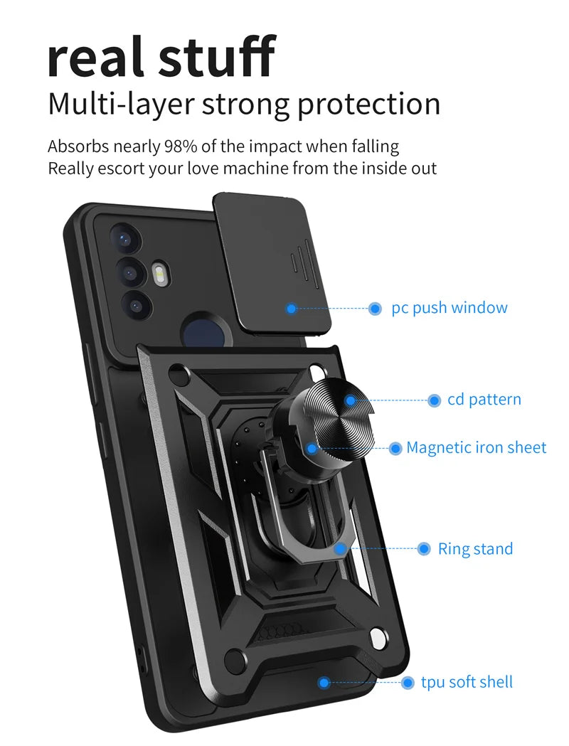 For TCL 30 SE Case Shockproof Armor Slide Lens Protect Coque For TCL 30SE tcl30se 4G Car Magnetic Holder Ring Stand Back Cover - Sun Studio